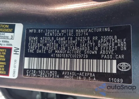 2014 Toyota Avalon Hybrid Limited z USA, uszkodzony, nr VIN 4T1BD1EB7EU029729